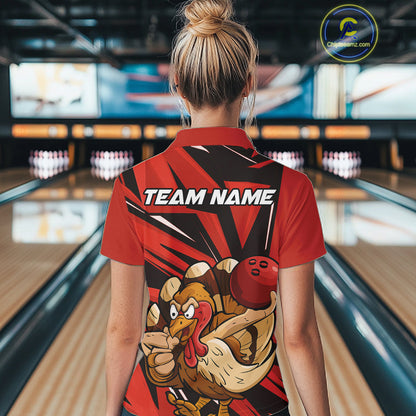 Custom Funny Turkey Bowling Shirts For Women, Red Thanksgiving Bowling Shirt Team Uniform IPHW10675