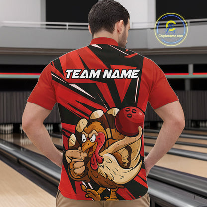 Custom Funny Turkey Bowling Shirts For Men, Red Thanksgiving Bowling Shirt Team Uniform IPHW10675