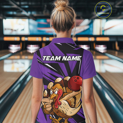 Custom Funny Turkey Bowling Shirts For Women, Purple Thanksgiving Bowling Shirt Team Uniform IPHW10679