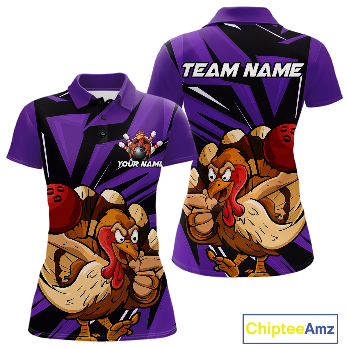 Custom Funny Turkey Bowling Shirts For Women, Purple Thanksgiving Bowling Shirt Team Uniform IPHW10679