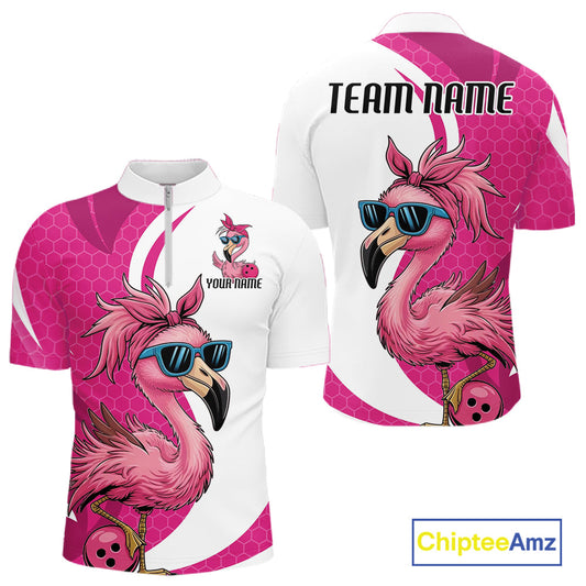 Custom Funny Hot Pink Flamingo Bowling Men Quarter-Zip Shirt, Bowling League Bowlers Outfit IPHW10680