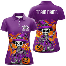 Load image into Gallery viewer, Custom Purple Funny Halloween Skeleton Bowling Shirts For Women, Bowling Team Outfits IPHW7650