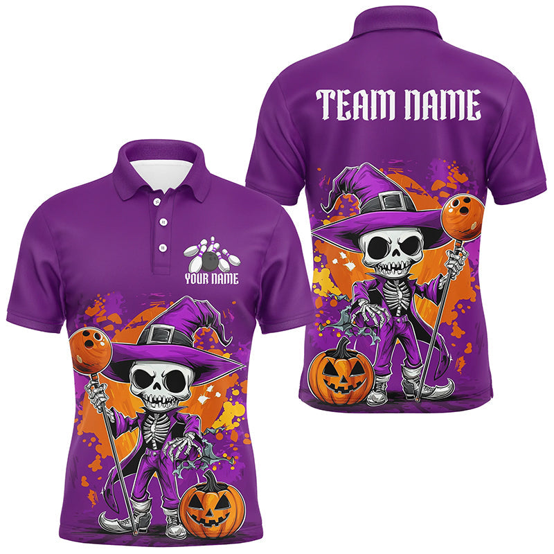 Custom Purple Funny Halloween Skeleton Bowling Shirts For Men, Bowling Team Outfits IPHW7650