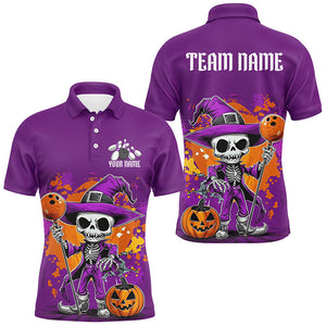 Custom Purple Funny Halloween Skeleton Bowling Shirts For Men, Bowling Team Outfits IPHW7650