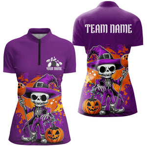 Custom Purple Funny Halloween Skeleton Bowling Shirts For Women, Bowling Team Outfits IPHW7650