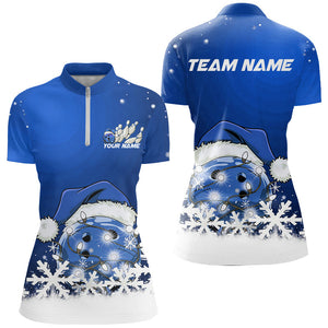 Blue Snowflake Custom Christmas Bowling Shirts For Women, Santa Bowling Team Outfit Shirt IPHW7865