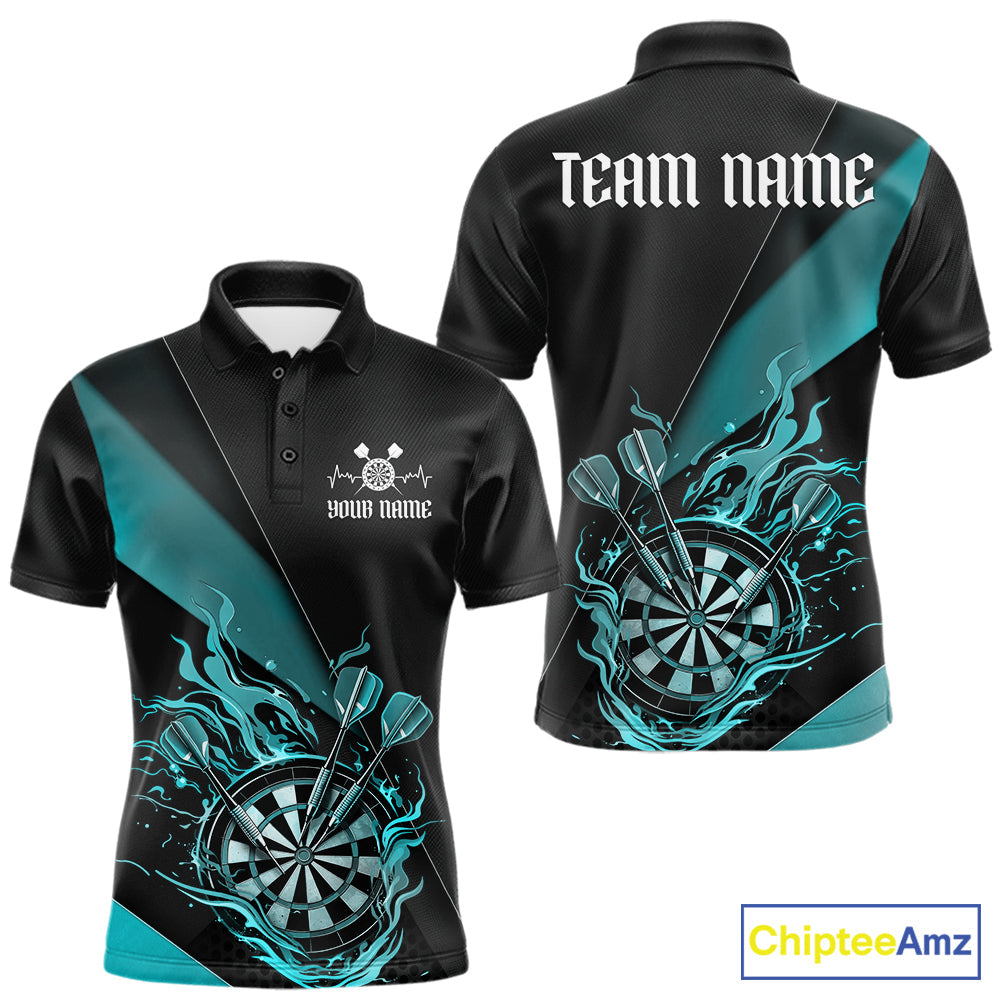 Custom Black And Blue Flame Dartboard Darts Team Men Polo Shirts, Darts Jerseys IPHW10374