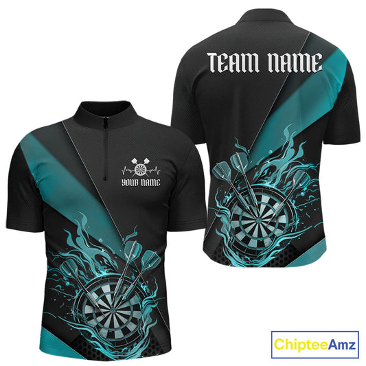 Custom Black And Blue Flame Dartboard Darts Team Men Quarter-Zip Shirts, Darts Jerseys IPHW10374