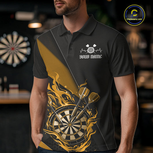 Custom Black And Yellow Flame Dartboard Darts Team Men Polo Shirts, Darts Jerseys IPHW10375