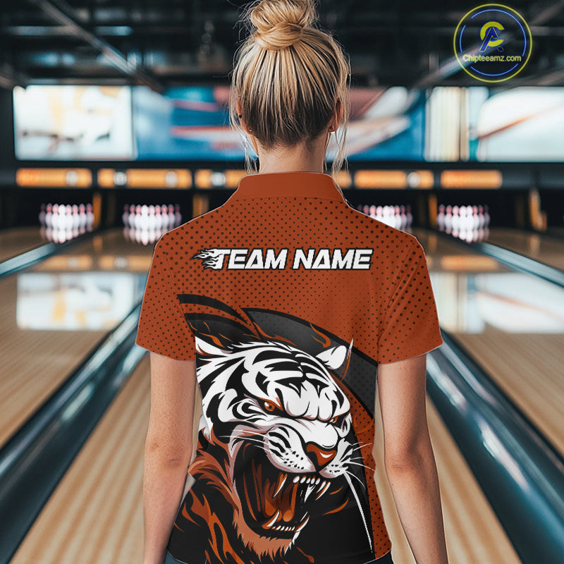 Custom Black And Orange Tiger Bowling Team Women Quarter-Zip Shirts, Bowling League Shirt IPHW9021