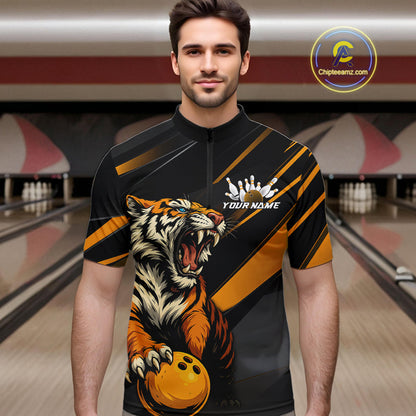 Personalized Tiger Bowling Team Men Quarter-Zip Shirts, Black And Yellow Tiger Bowling Jerseys IPHW9022