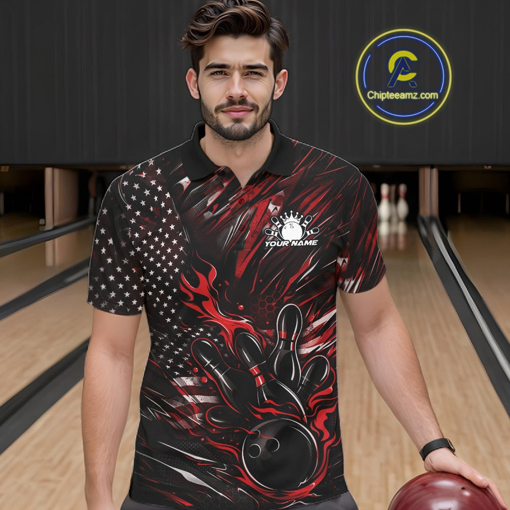 Male model wearing a black and red bowling polo shirt at a bowling lane with patriotic bowling strike artwork and fiery accents.