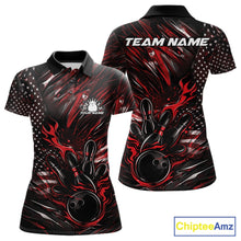 Load image into Gallery viewer, Custom Black And Red Patriotic Flame Bowling Jerseys, US Flag Bowling Shirt For Women IPHW11170