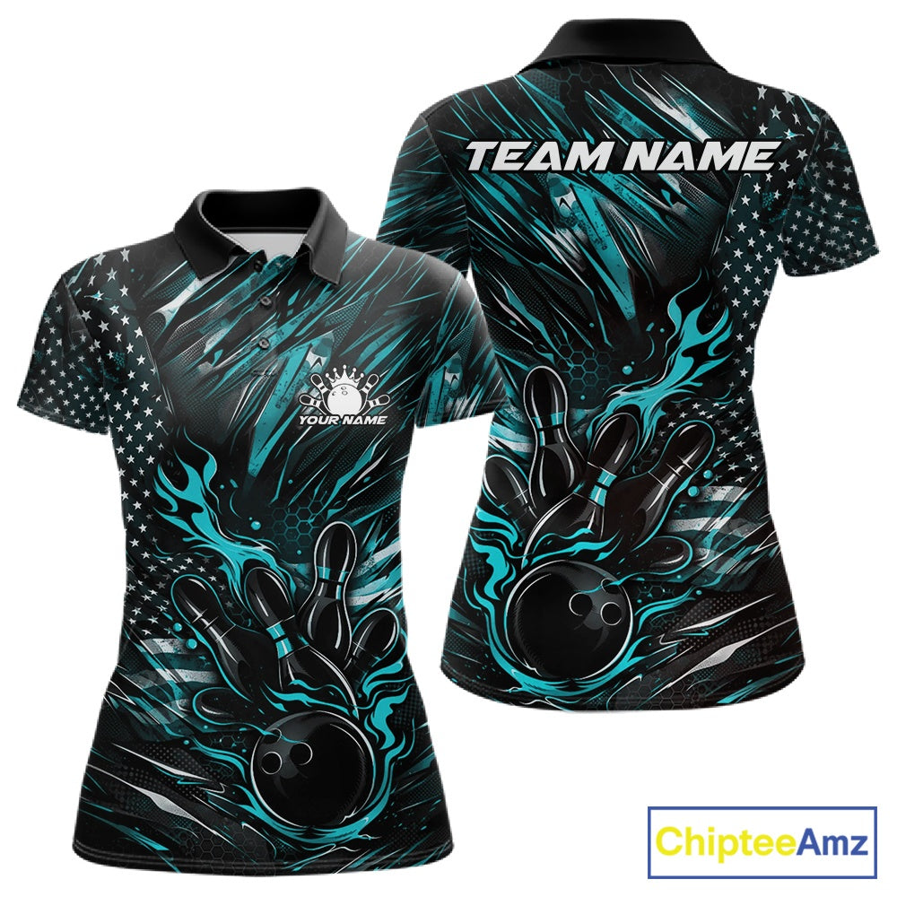 Front and back display of a black and turquoise blue women’s bowling polo shirt featuring a patriotic flaming bowling ball striking pins and flag-themed accents.