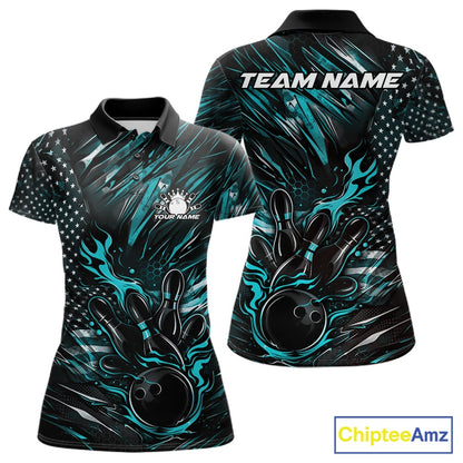 Front and back display of a black and turquoise blue women’s bowling polo shirt featuring a patriotic flaming bowling ball striking pins and flag-themed accents.