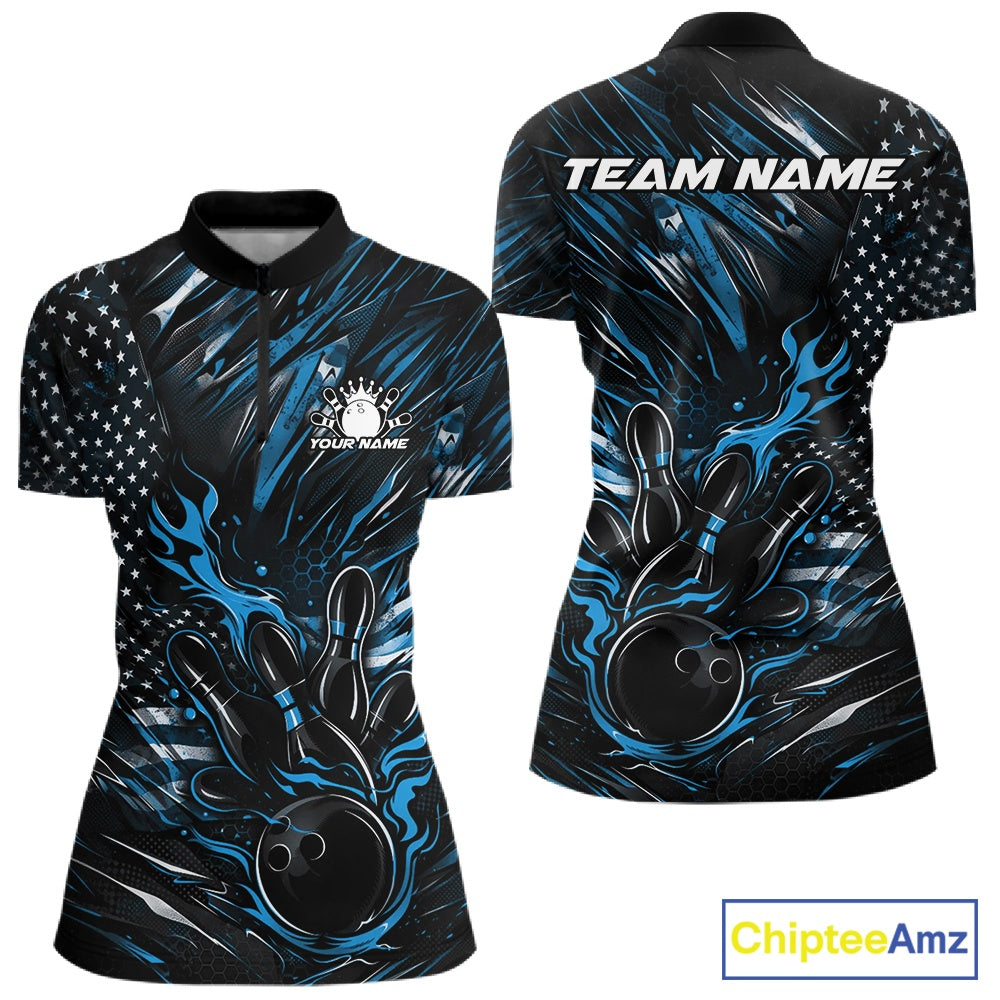 Women’s quarter zip bowling shirt mockup displaying black and blue colorway with patriotic flames bowling ball striking pins and flag-inspired design