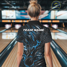 Load image into Gallery viewer, Custom Black And Blue Patriotic Flame Bowling Jerseys, US Flag Bowling Shirt For Women IPHW11172