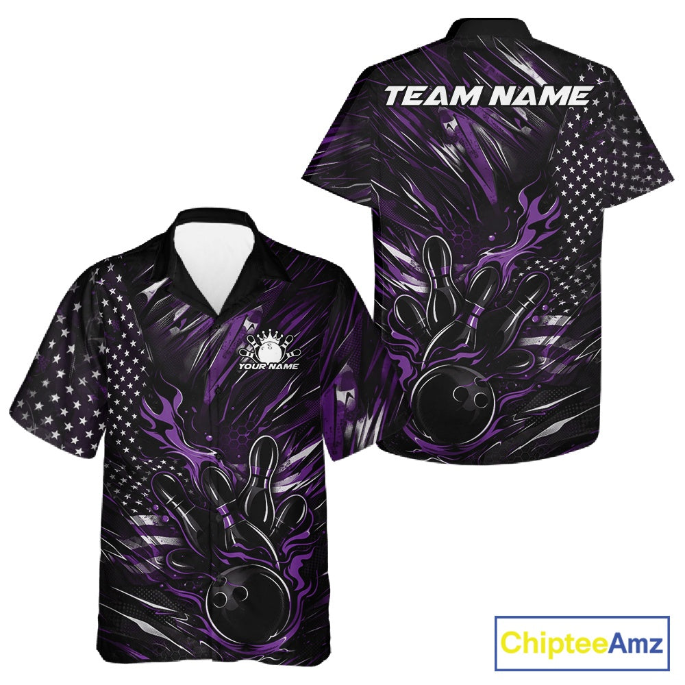 Front and back display of a black and purple button-up bowling shirt featuring a patriotic bowling strike motif with fiery accents.