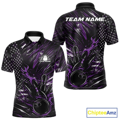 Front and back mockup of a black and purple men’s bowling polo shirt featuring a patriotic flaming bowling ball striking pins with American flag details.