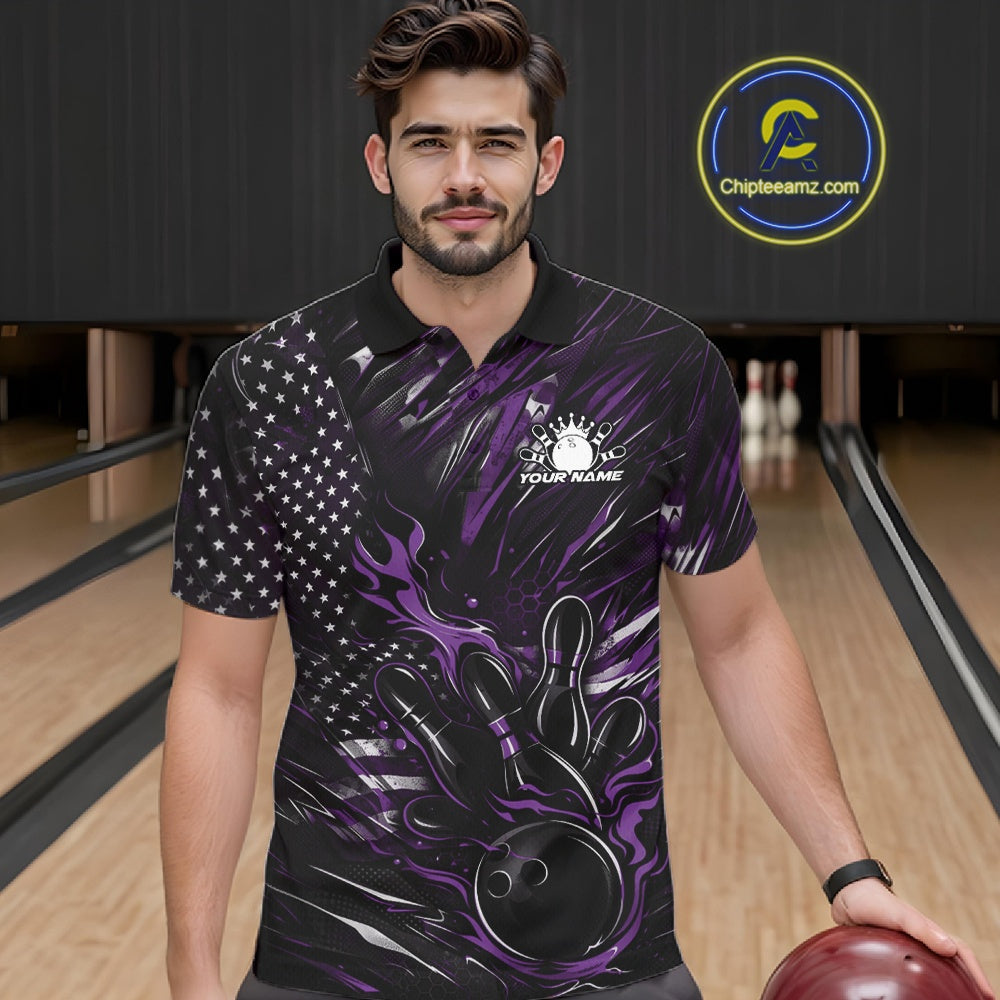 Male model at a bowling lane wearing a black and purple bowling polo shirt with fiery bowling strike graphics and patriotic styling.