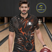 Load image into Gallery viewer, Custom Black And Orange Patriotic Flame Bowling Jerseys, US Flag Bowling Shirt For Men IPHW11174