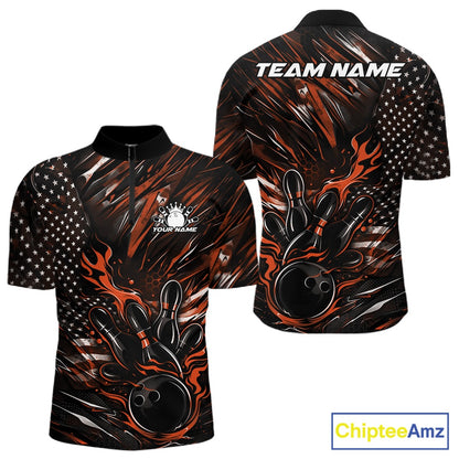 Front and back display of a black and orange men’s bowling quarter-zip shirt featuring a patriotic flaming bowling ball striking pins and American flag accents.