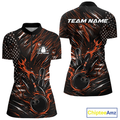 Women’s quarter zip bowling shirt mockup displaying black and orange colorway with patriotic flames bowling ball striking pins and American flag inspired artwork