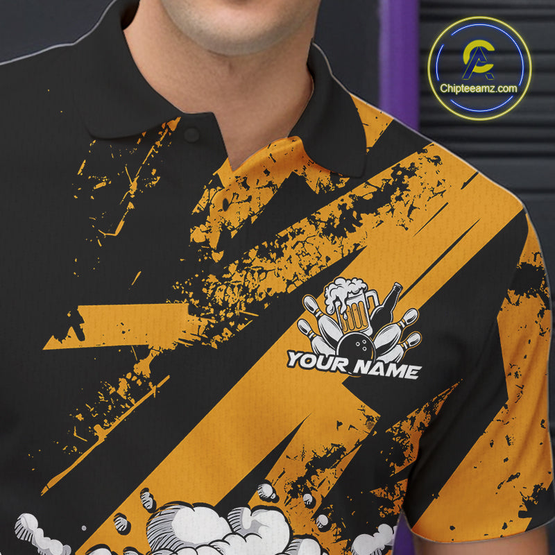 Custom Funny Cool Bowling Ball Bowling And Beer Men Polo Shirts, Grunge Bowling Uniform IPHW9611