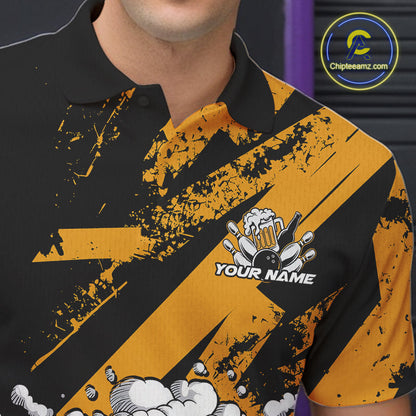 Custom Funny Cool Bowling Ball Bowling And Beer Men Polo Shirts, Grunge Bowling Uniform IPHW9611