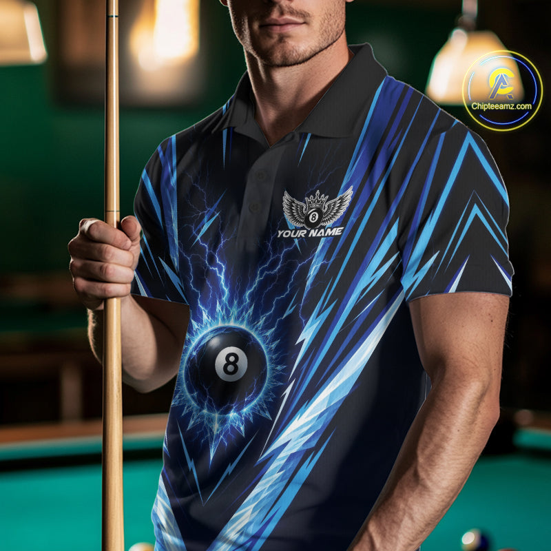 Custom Blue Icy Lightning 8 Ball Billiards Men Polo Shirt, Billiards Team Jerseys IPHW11757
