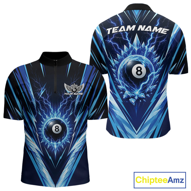 Custom Blue Icy Lightning 8 Ball Billiards Men Quarter Zip Shirt, Billiards Team Jerseys IPHW11757