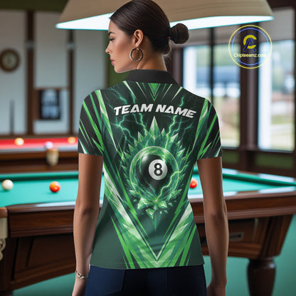 Custom Green Icy Lightning 8 Ball Billiards Women Polo Shirt, Billiards Team Jerseys IPHW11758