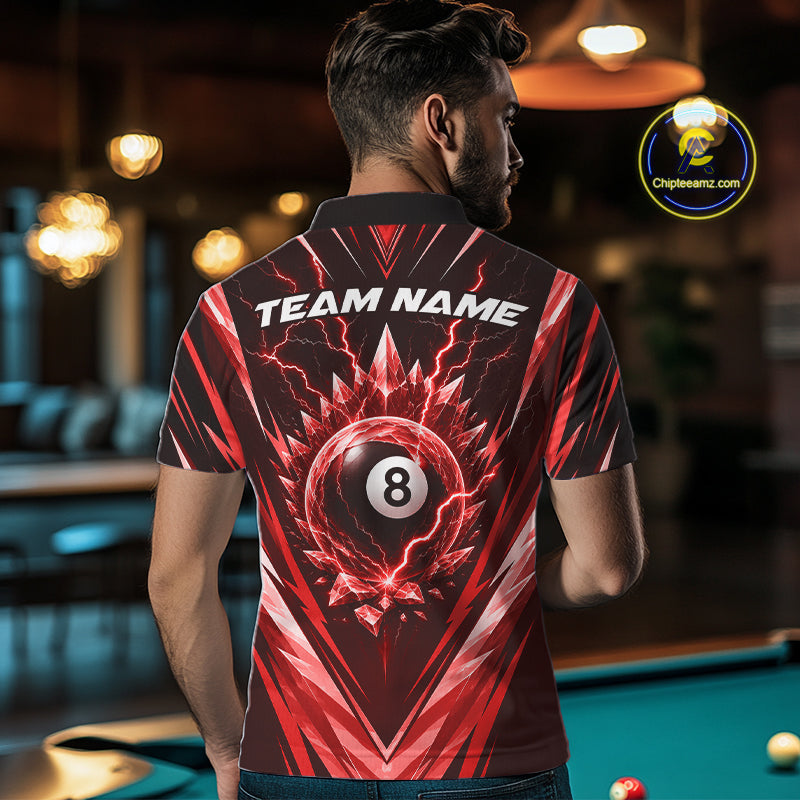 Custom Red Icy Lightning 8 Ball Billiards Men Polo Shirt, Billiards Team Jerseys IPHW11759