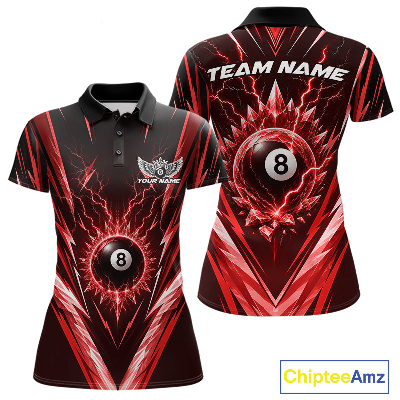 Custom Red Icy Lightning 8 Ball Billiards Women Polo Shirt, Billiards Team Jerseys IPHW11759