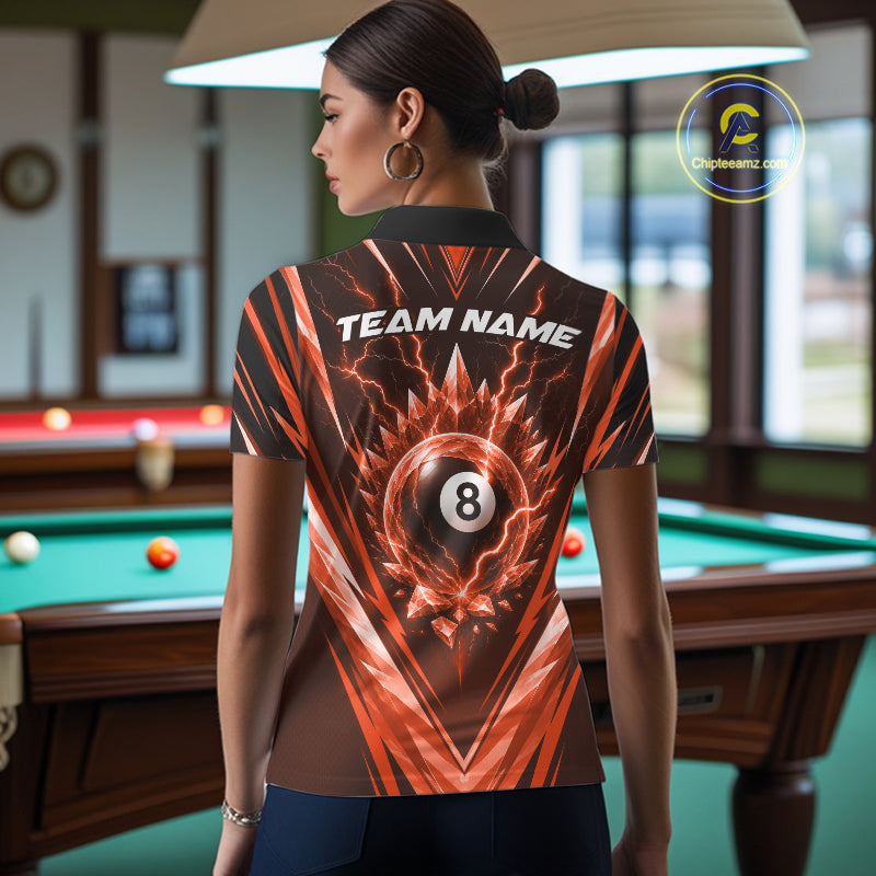 Custom Orange Icy Lightning 8 Ball Billiards Women Polo Shirt, Billiards Team Jerseys IPHW11760