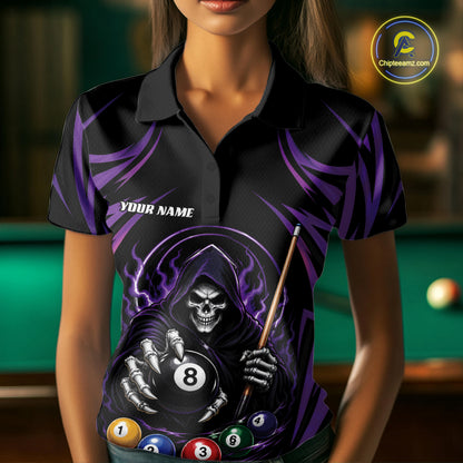 Custom Purple Grim Reaper Billiards Women Polo Shirt, Halloween Pool Team Outfit IPHW11769