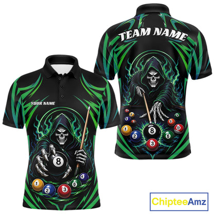 Custom Green Grim Reaper Billiards Men Polo Shirt, Halloween Pool Team Outfit IPHW11770