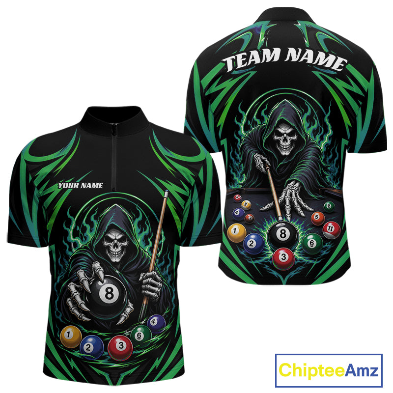 Custom Green Grim Reaper Billiards Men Quarter Zip Shirt, Halloween Pool Team Outfit IPHW11770