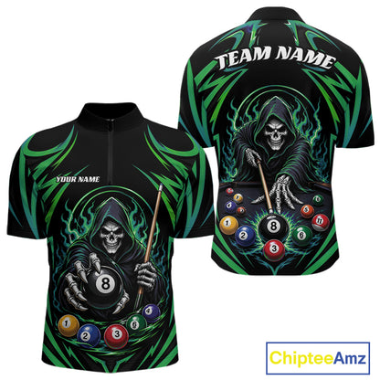 Custom Green Grim Reaper Billiards Men Quarter Zip Shirt, Halloween Pool Team Outfit IPHW11770