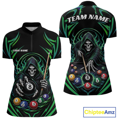 Custom Green Grim Reaper Billiards Women Quarter-Zip Shirt, Halloween Pool Team Outfit IPHW11770