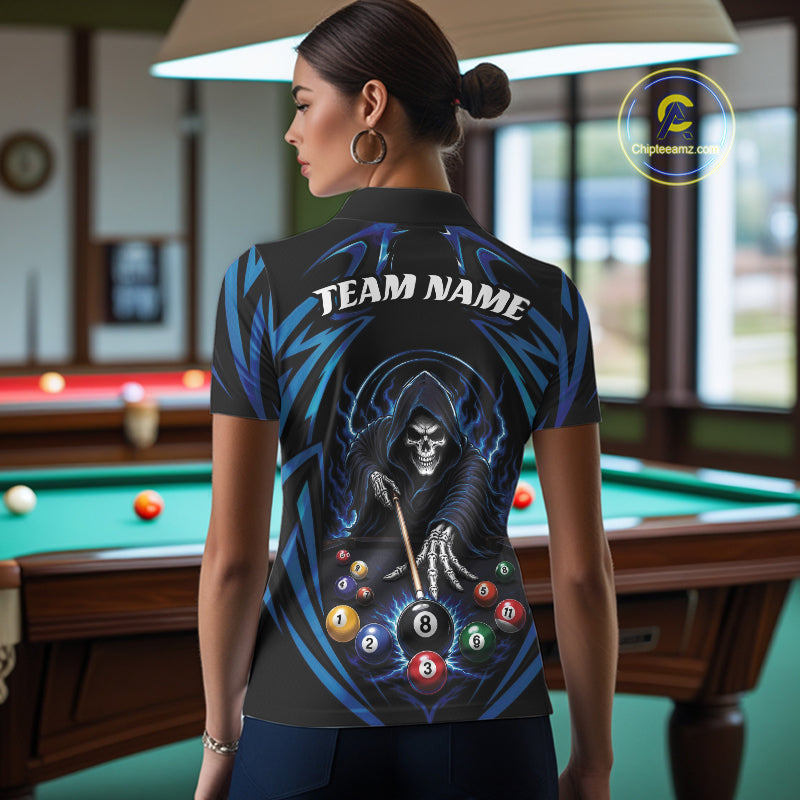 Custom Blue Grim Reaper Billiards Women Polo Shirt, Halloween Pool Team Outfit IPHW11771