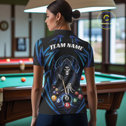 Custom Blue Grim Reaper Billiards Women Polo Shirt, Halloween Pool Team Outfit IPHW11771