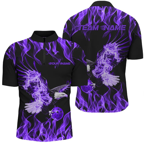 Custom Black And Purple Flame Eagle Bowling Team Men Quarter-Zip Shirts, Eagle Bowling League Shirt IPHW8790