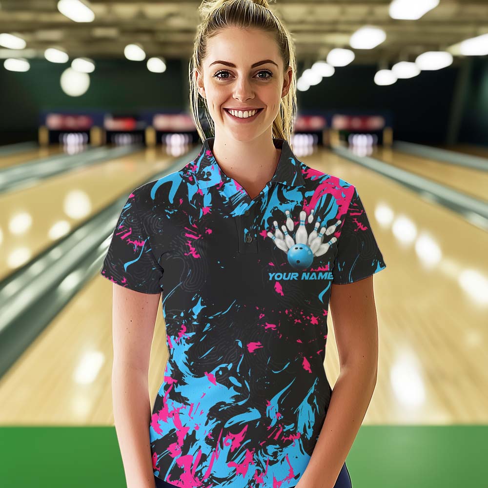 Black, Blue And Pink Custom Bowling Team Women Polo Shirts, Bowling Ball And Pin Jerseys IPHW8795