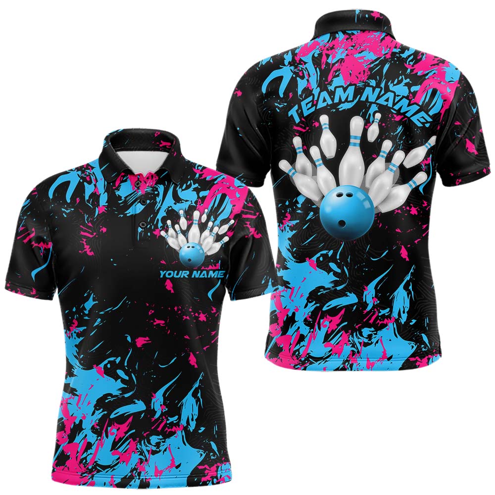 Black, Blue And Pink Custom Bowling Team Men Polo Shirts, Bowling Ball And Pin Jerseys IPHW8795