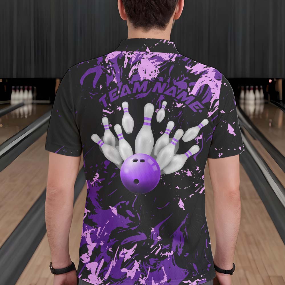 Black, Purple And Pink Custom Bowling Team Men Polo Shirts, Bowling Ball And Pin Jerseys IPHW8796
