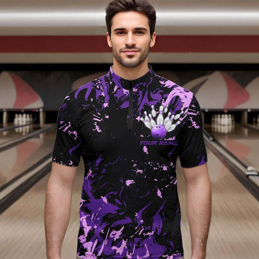 Black, Purple And Pink Custom Bowling Team Men Quarter-Zip Shirts, Bowling Ball And Pin Jerseys IPHW8796