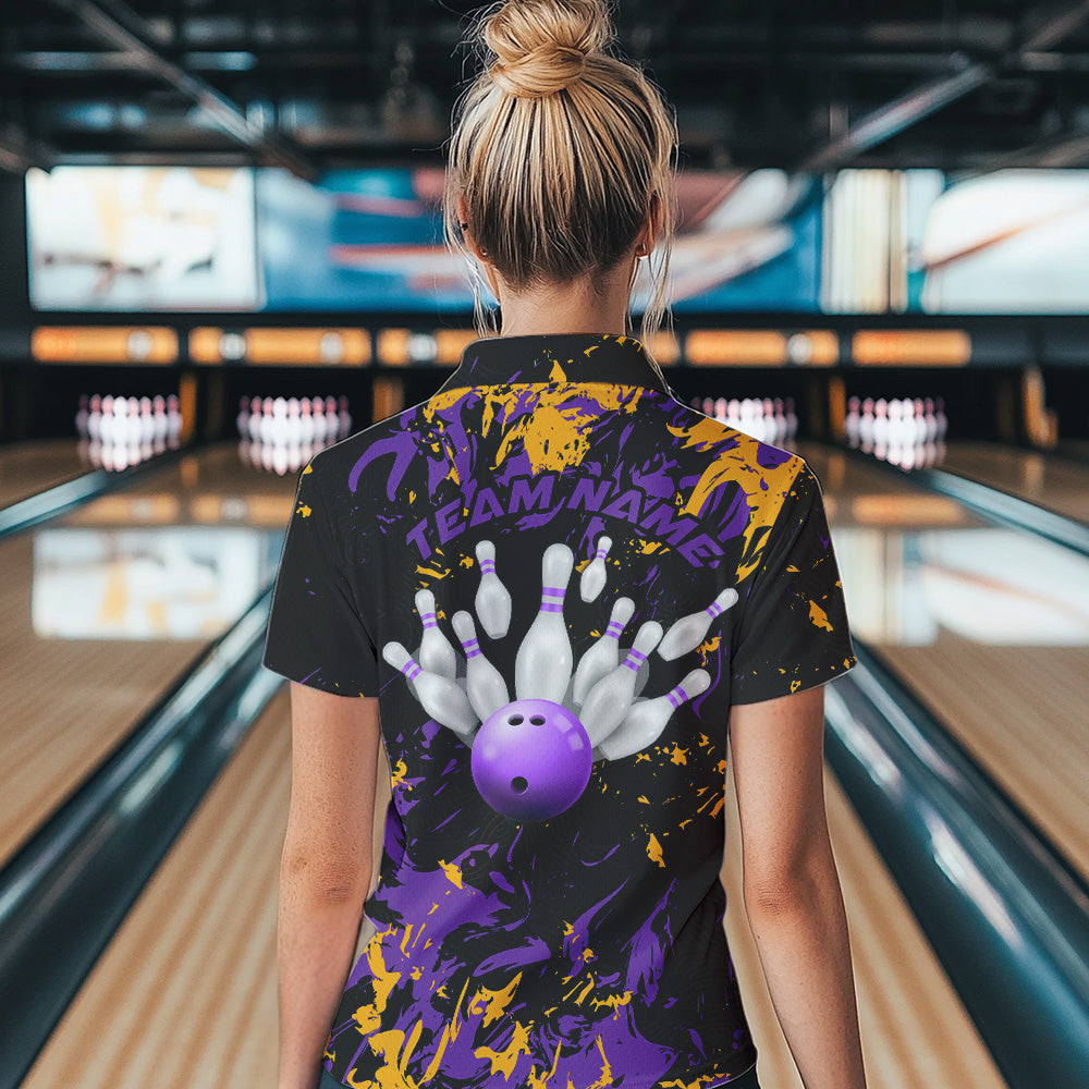Black, Purple And Yellow Custom Bowling Team Women Polo Shirt, Bowling Ball And Pin Jerseys IPHW8797