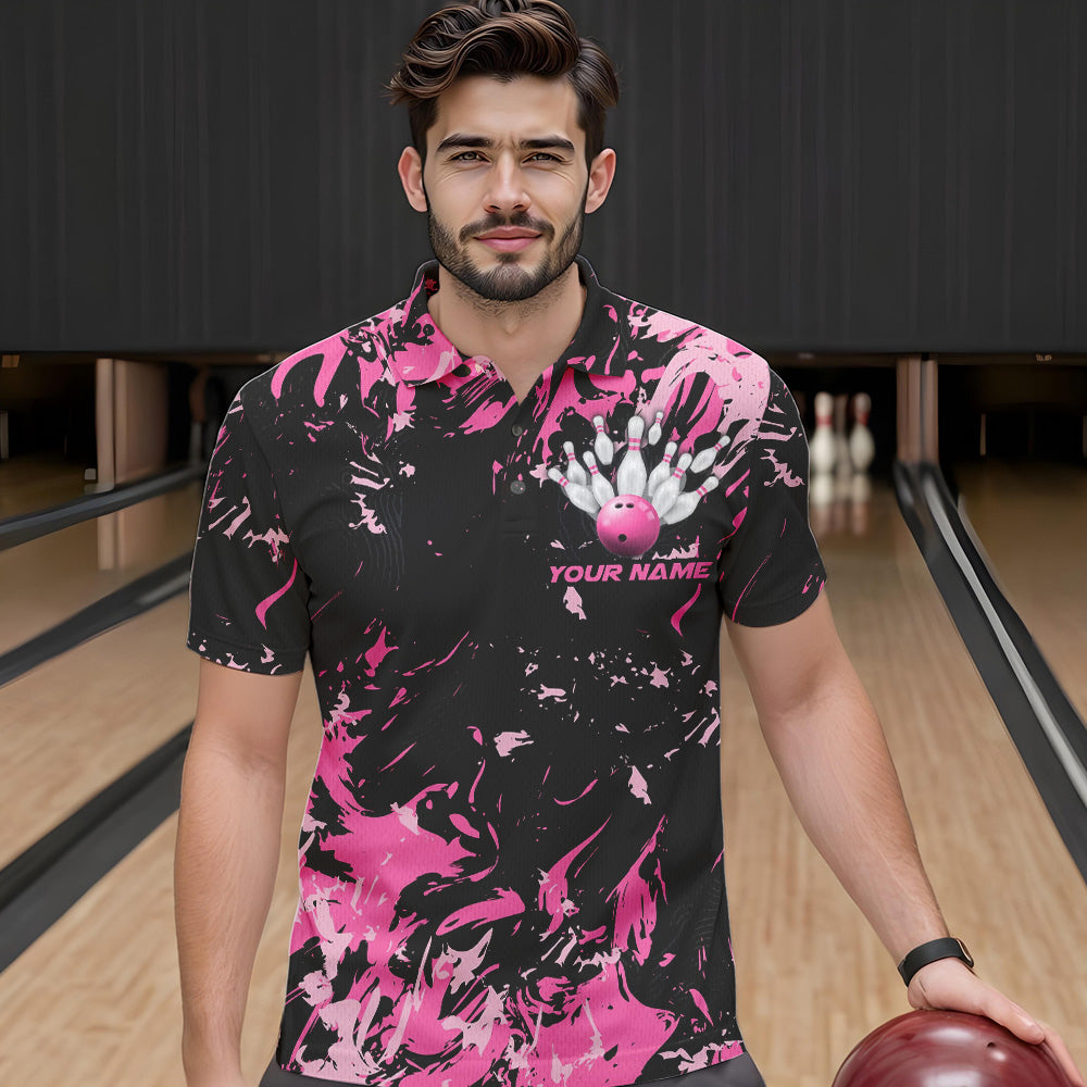 Black And Pink Custom Bowling Team Men Polo Shirts, Bowling Ball And Pin Bowling Jerseys IPHW8798