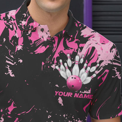 Black And Pink Custom Bowling Team Men Polo Shirts, Bowling Ball And Pin Bowling Jerseys IPHW8798